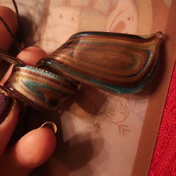 Teal brown / taupe glass swirled organza cord necklace - Picture 3 of 3